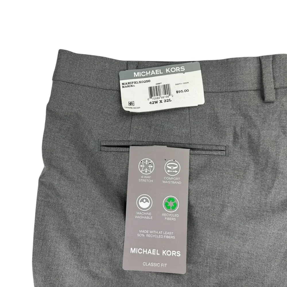 Michael Kors Mens Pleated Cuffed Solid Classic Fit Stretch Pants Gray 42x32